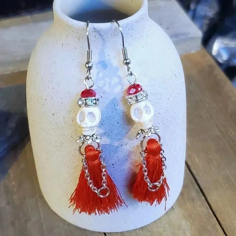 Boho Voodoo Skull Tassel Earrings - Red & White Skull Charm Dangle Earrings